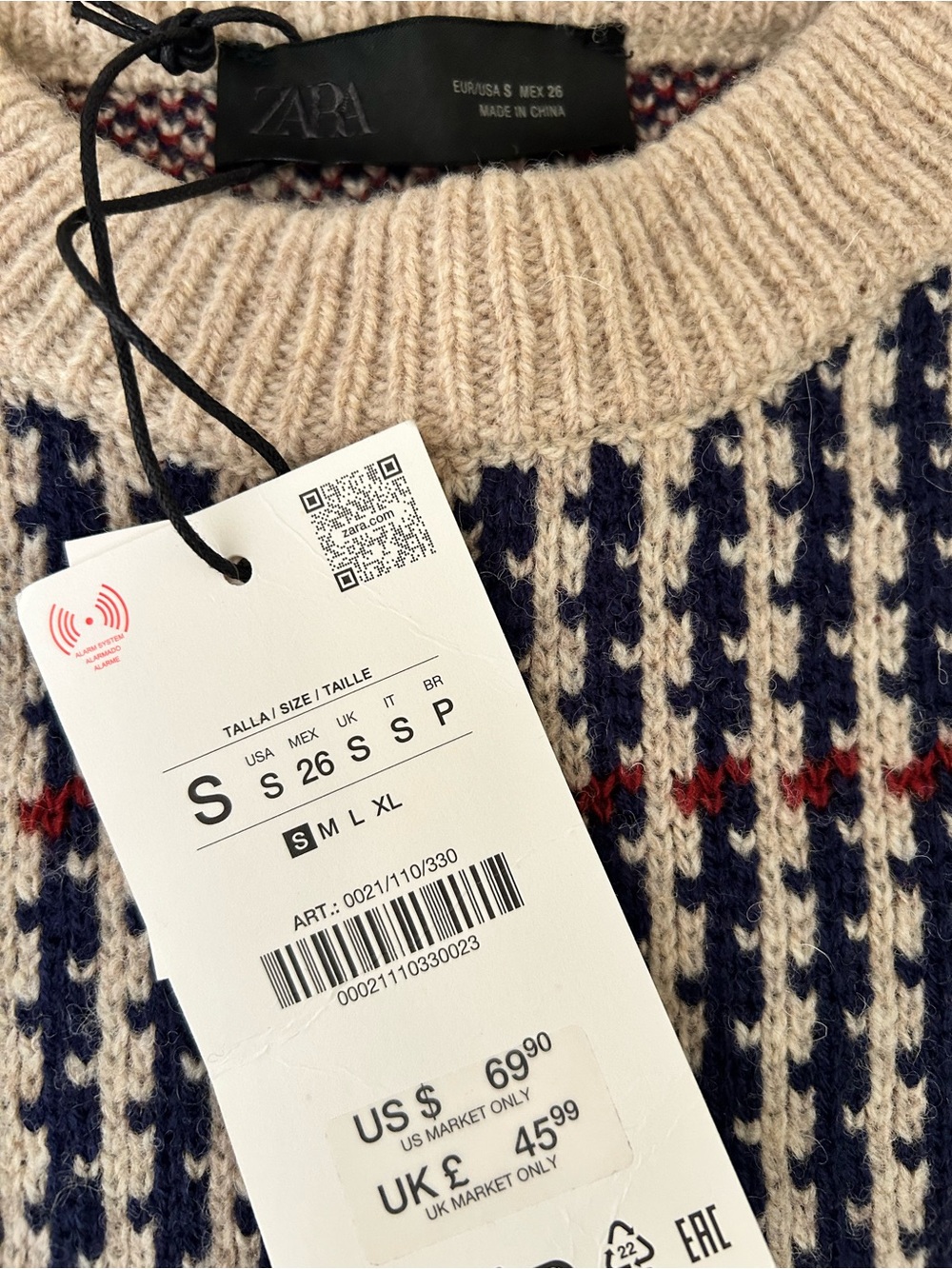 NWT Zara Beige Crewneck Sweater with Navy & Red Plaid - Picture 8 of 11